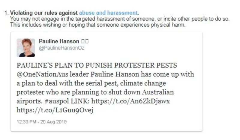 The notice that Senator Hanson received from Twitter claiming that her tweet was in violation of the social media company’s rules